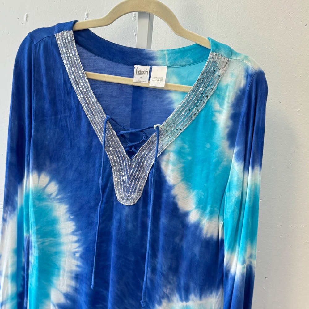 INC Beach Tie Dye Sequin Lace Up Tunic Swim Cover Up Blue Turquoise Medium - Picture 4 of 8